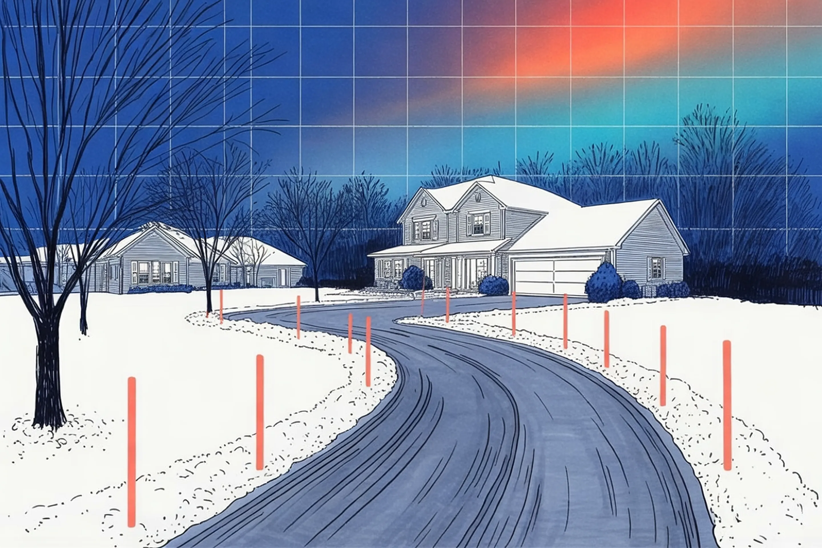 Drawing of a long curving driveway before the first storm of the winter, orange marker stakes along both edges and a dusting of snow on the lawn.