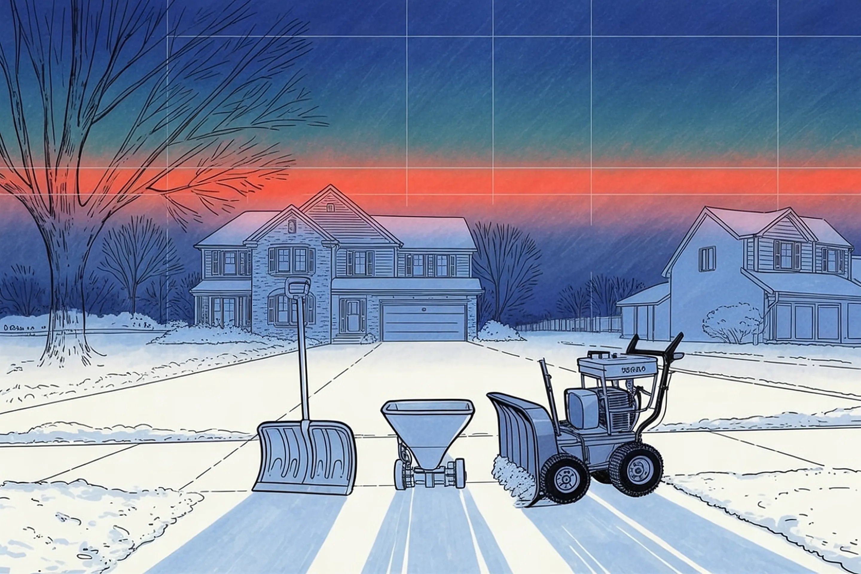 Drawing of a snow shovel, a push salt spreader and a snow blower set side by side at the edge of a half cleared driveway.