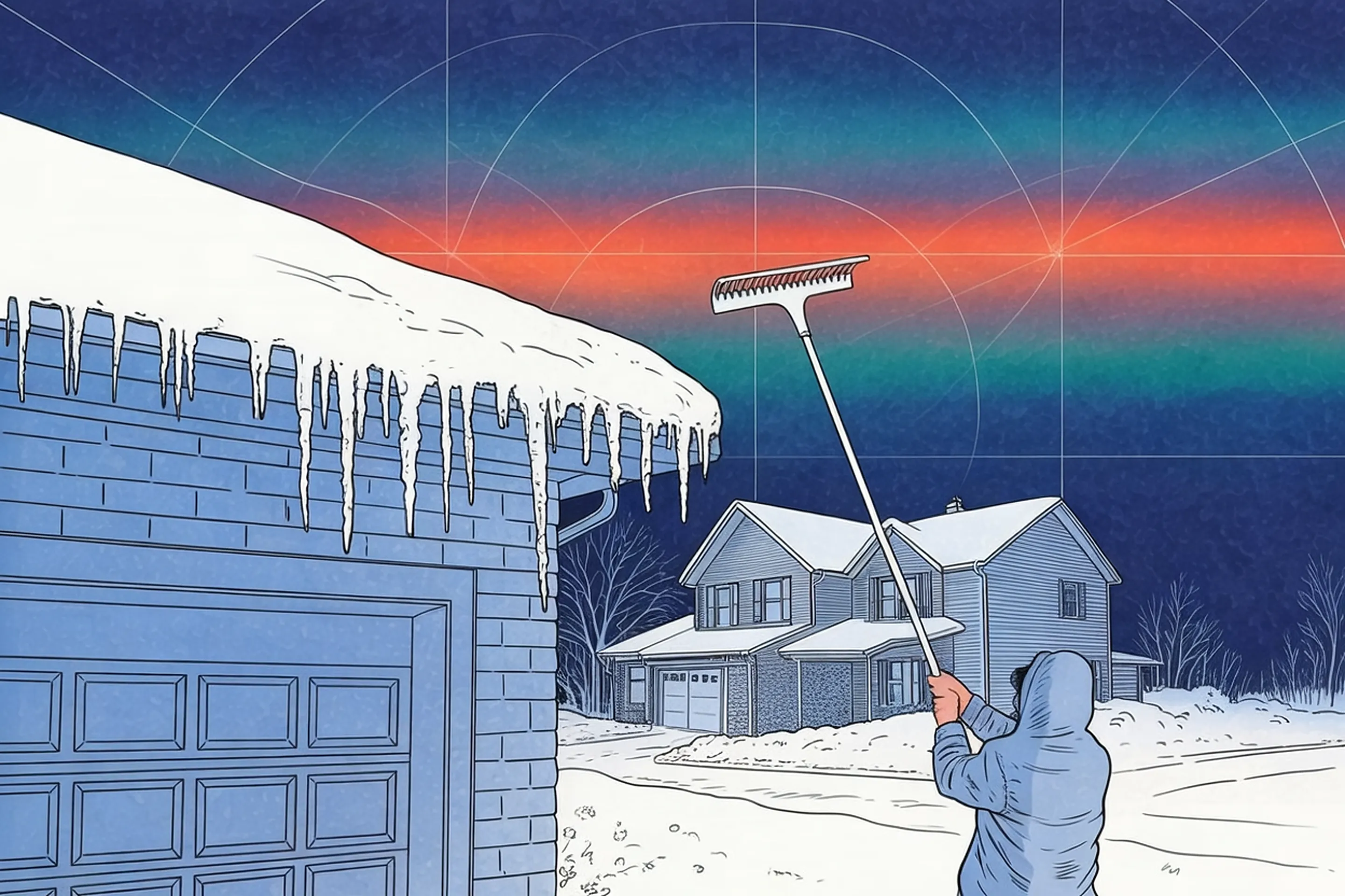 Drawing of a person seen from behind on a snowy lawn using a long handled roof rake to pull snow off the lower roof edge, icicles hanging from the gutter.