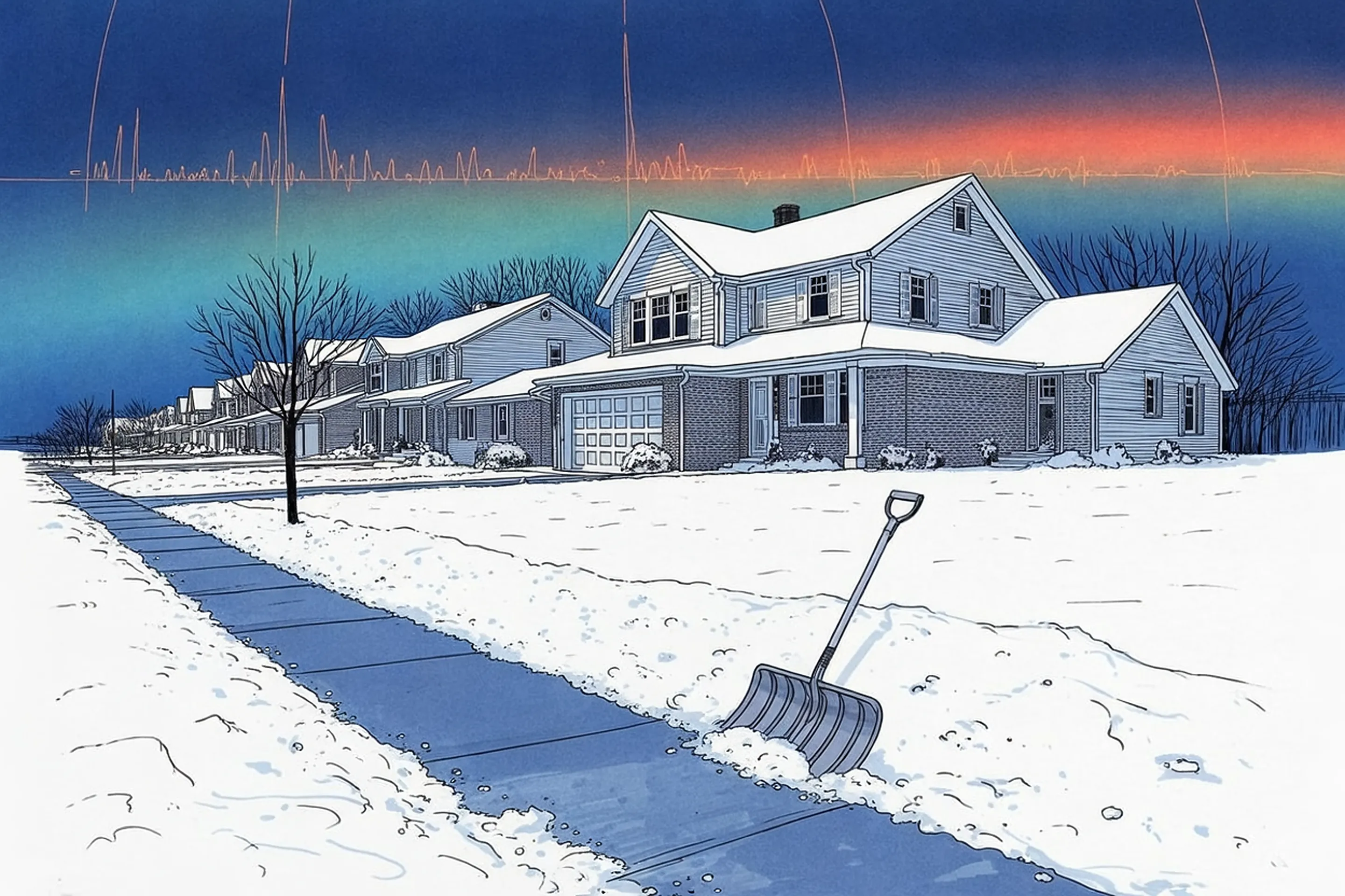 Drawing of a public sidewalk in front of two neighboring houses, one walk shoveled and salted, the next still under snow, a shovel standing in the bank between them.
