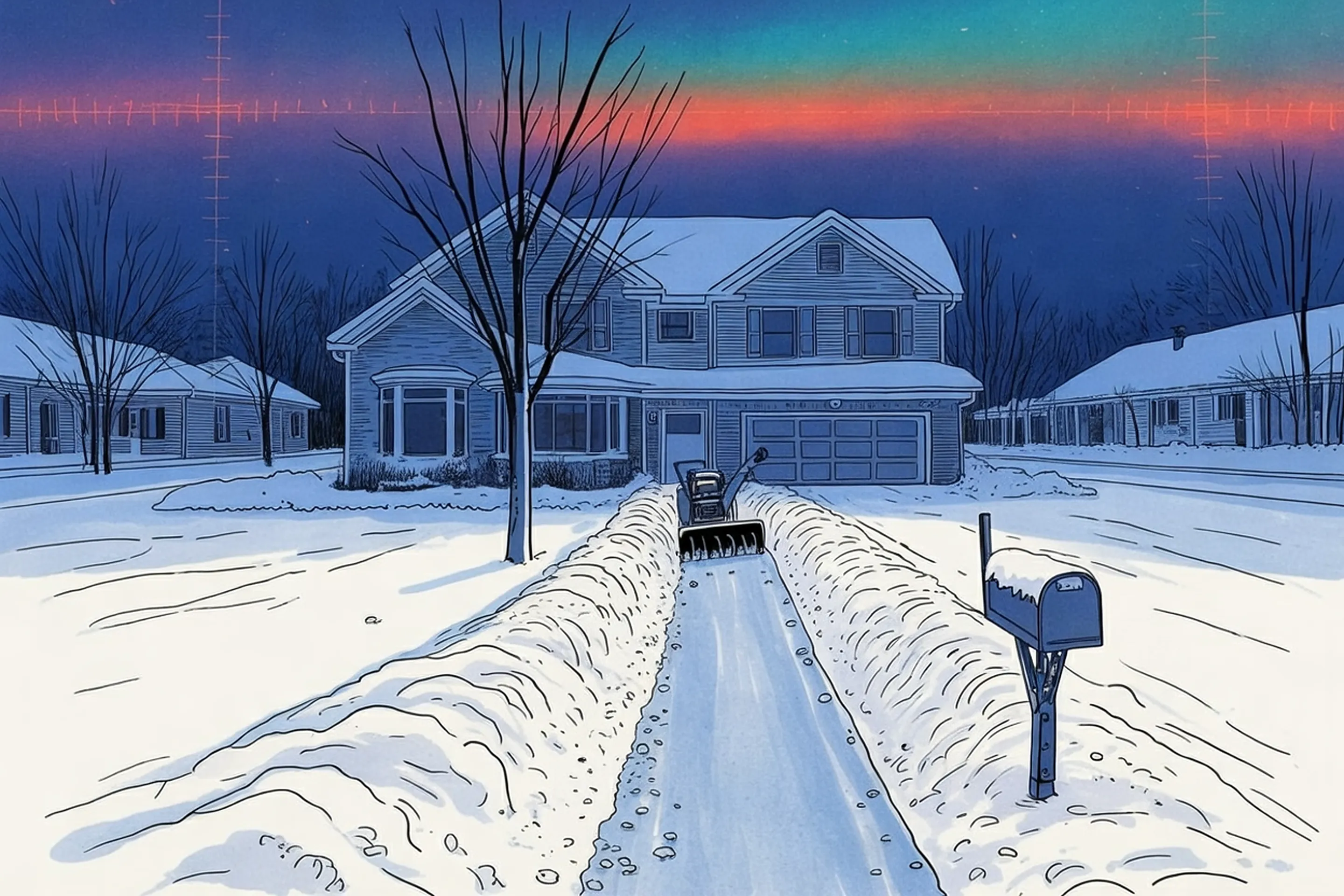 Drawing of a driveway buried in deep snow after a storm, a ridge of plowed snow across its end and a snow blower parked halfway up the drive.